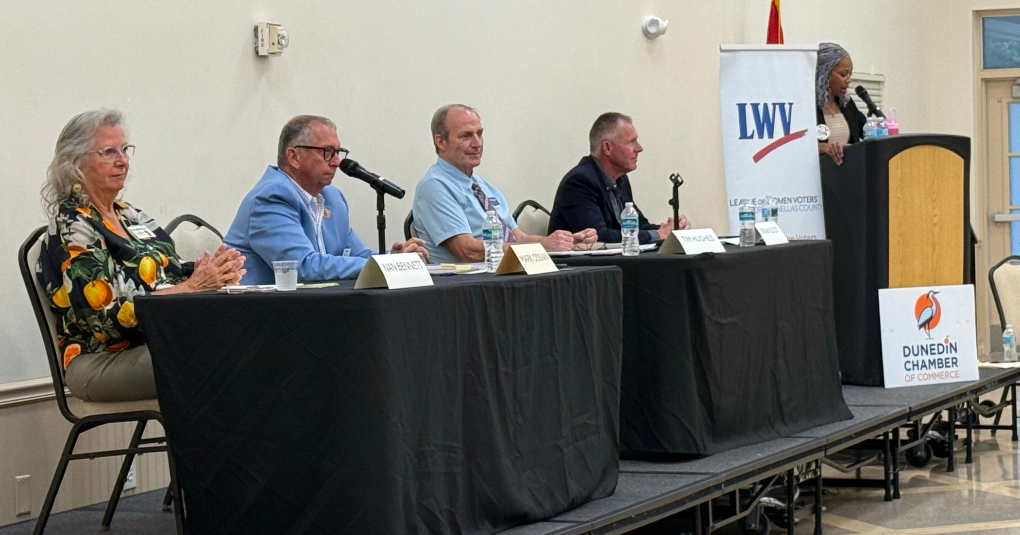 Commission candidates sit at a table during the Oct. 1, 2026, forum at the Hale Senior Activity Center in Dunedin.