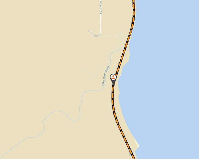 MDOT MiDrive map showing a construction zone marker on US-41 near Little Carp Creek in Baraga County.