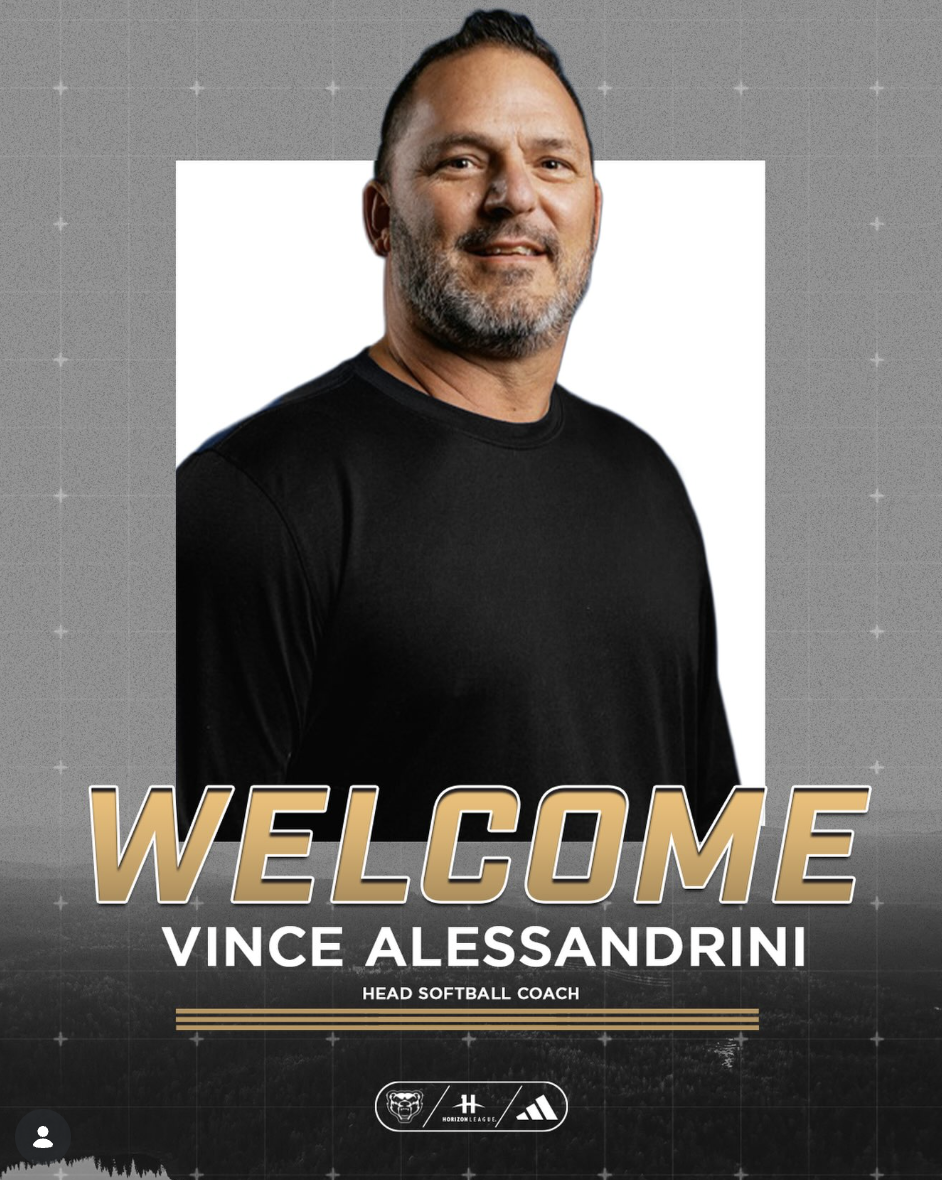 Oakland University Athletics graphic welcoming Vince Alessandrini as head softball coach, featuring his headshot and the Golden Grizzlies and Horizon League logos.