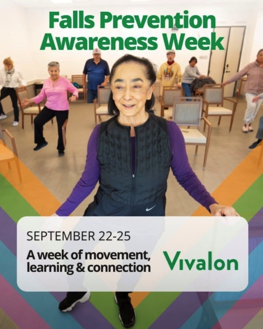 A senior woman leads a balance exercise class at Vivalon, with other participants practicing behind her, on a promotional graphic for Falls Prevention Awareness Week, September 22-25.