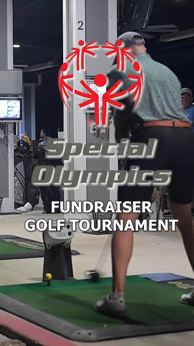 Still from a Clay County Sheriff’s Office video showing a golfer at its Special Olympics fundraiser, with the event title overlaid.
