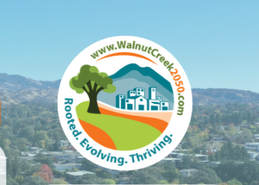 Circular Walnut Creek 2050 logo showing a tree, rolling hills, and stylized homes beneath Mt. Diablo, with the tagline "Rooted. Evolving. Thriving." and www.WalnutCreek2050.com, set against a photo of the Walnut Creek hillside.