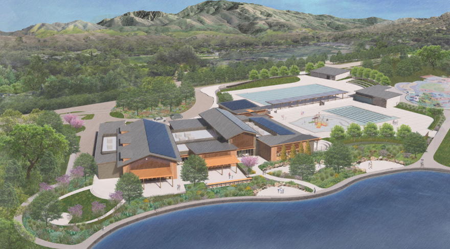 Architectural rendering of Walnut Creek’s planned Heather Farm Aquatic and Community Center, showing pools, community buildings, landscaping and surrounding hills.
