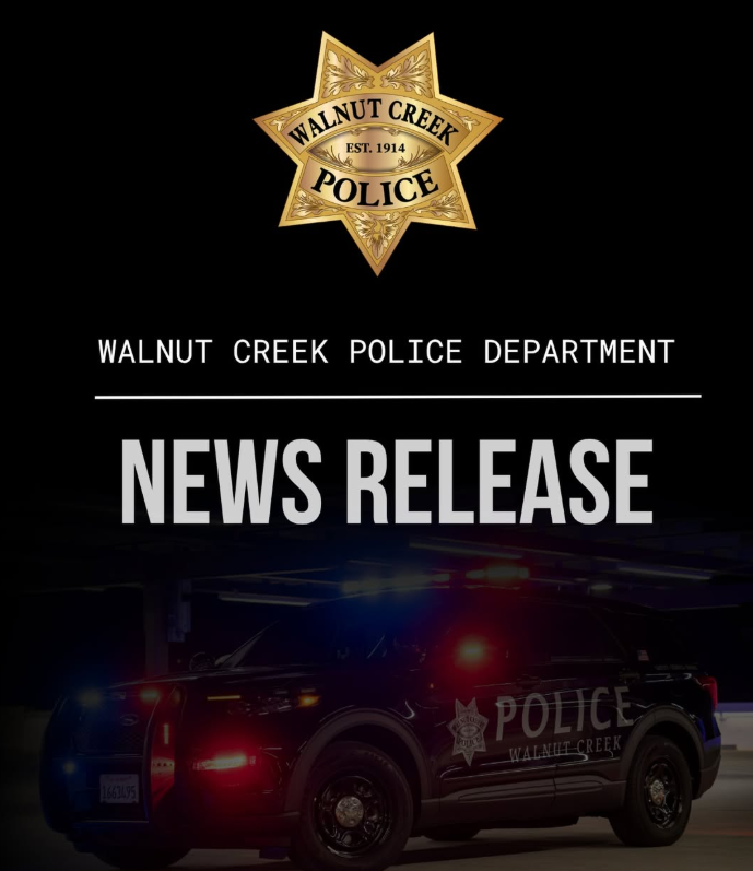 A Walnut Creek Police Department news release graphic featuring the department's badge and a marked patrol SUV with emergency lights on at night.