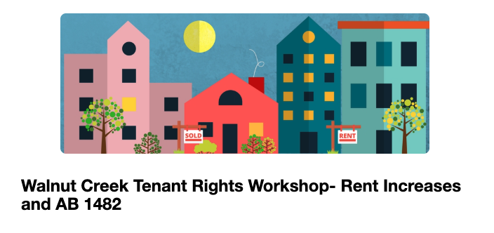 Illustrated graphic of colorful apartment buildings with "SOLD" and "RENT" signs, titled "Walnut Creek Tenant Rights Workshop – Rent Increases and AB 1482."
