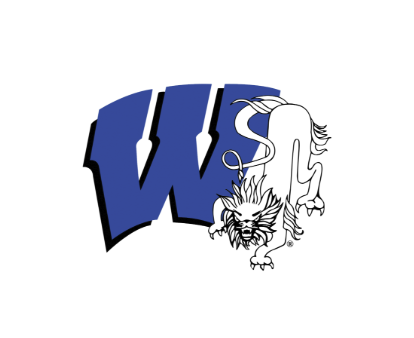 West Iron County Wykons logo, a blue block letter W with a wolverine mascot illustration