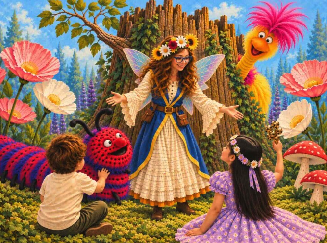 A fairy stands beside a tree stump as two children interact with colorful creatures among oversized flowers.