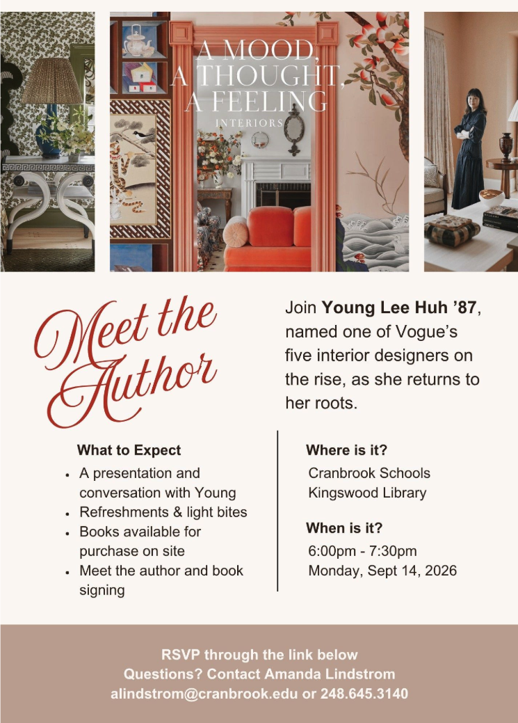 Promotional flyer for "Meet the Author," a Sept. 14, 2026 event with interior designer Young Lee Huh at Cranbrook Kingswood's Kingswood Library, featuring cover art from her book "A Mood, A Thought, A Feeling: Interiors."