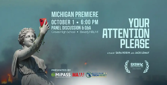 Promotional graphic for the Michigan premiere of “Your Attention Please” on Oct. 1 at Groves High School in Beverly Hills.